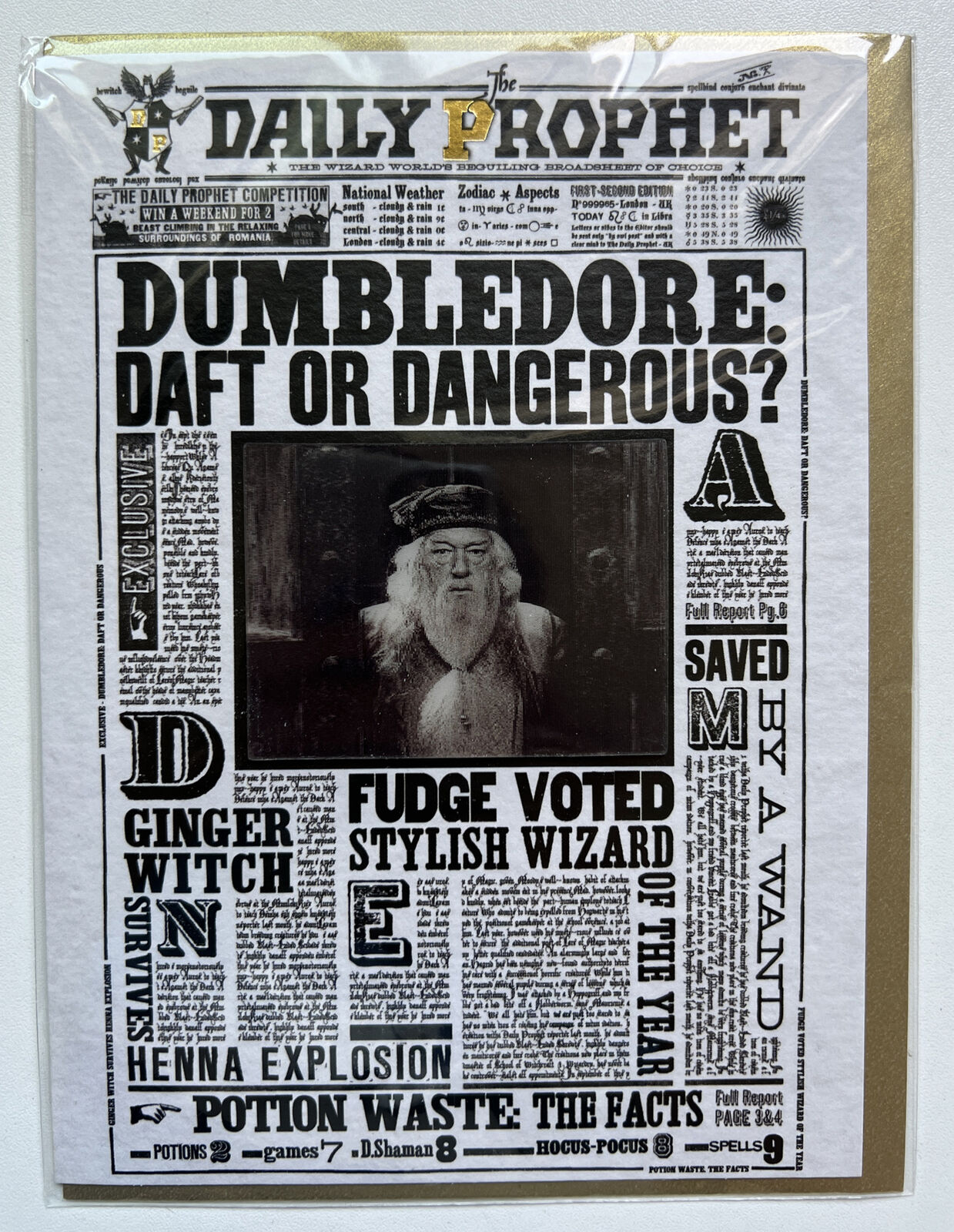 6 Daily Prophet Harry Potter DUMBLEDORE Notecards 3D Image Gold Envelope Lima