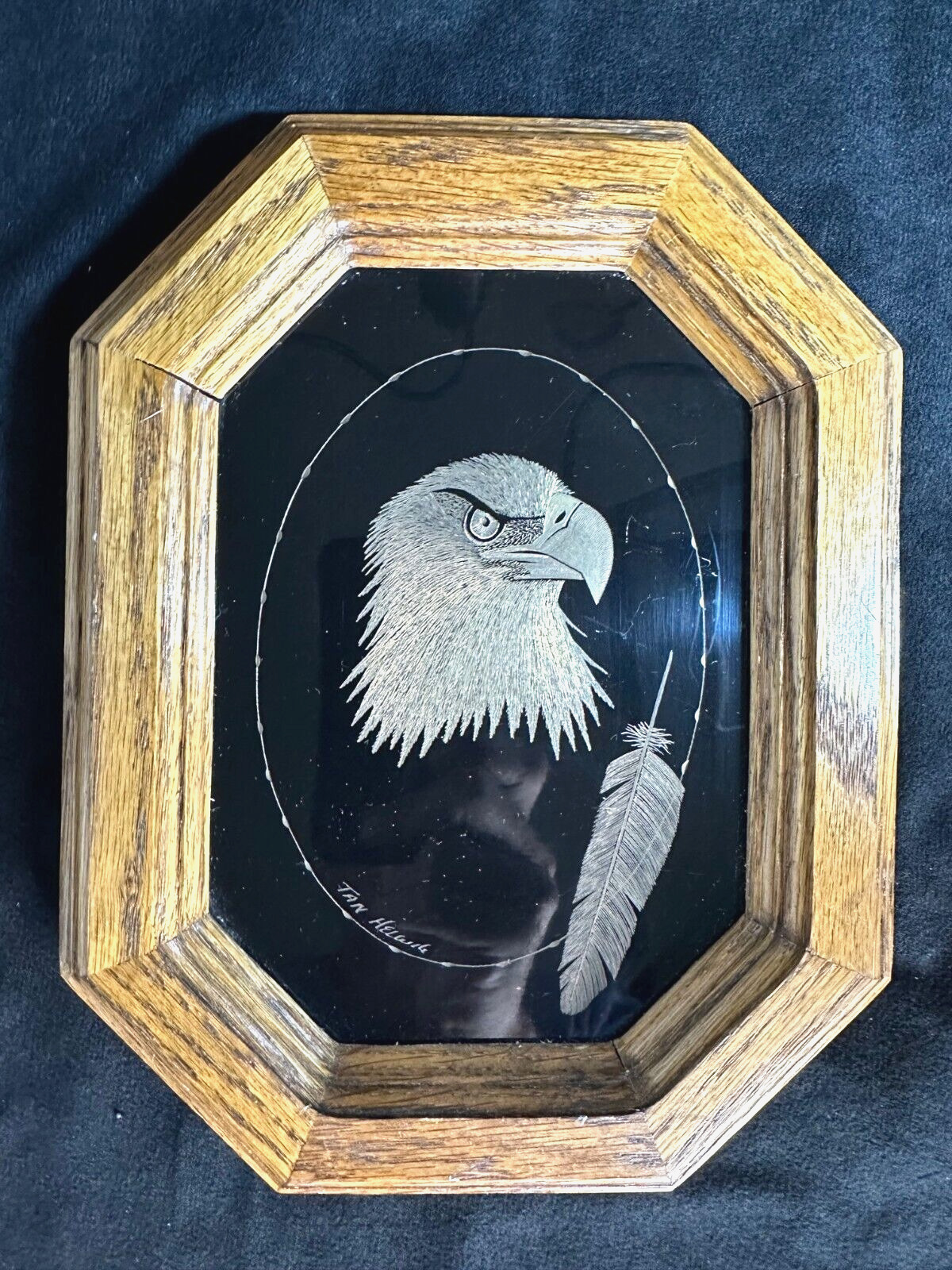 Handcrafted Golden Images Etched Baked Enamel Brass Eagle Head and Feather