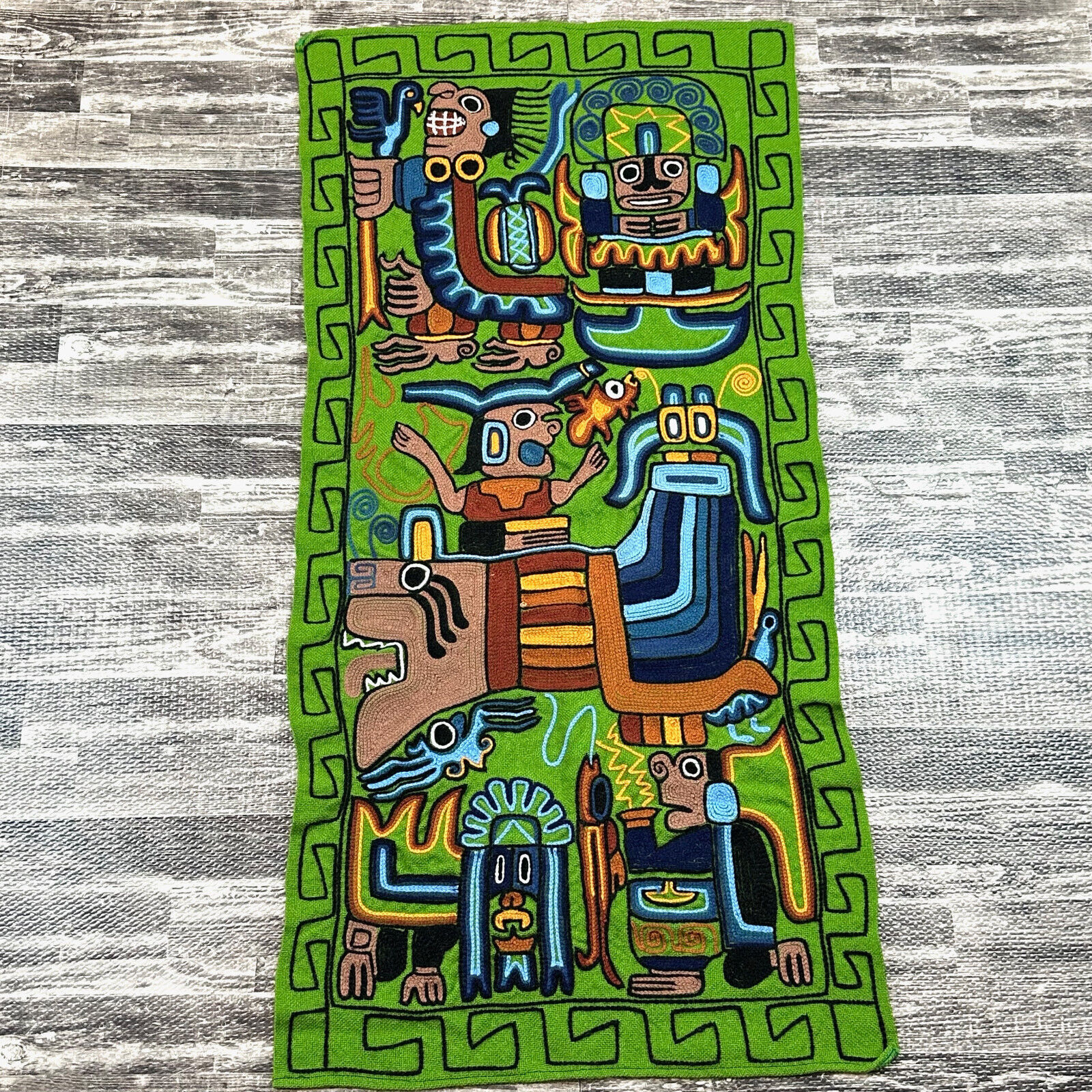 South American Folk Art Wall Hanging Embroidered Tapestry Tribal Vibrant Green