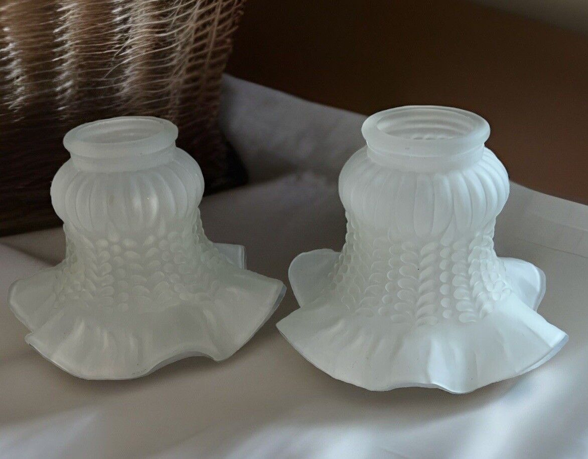 Vintage 2pc Frosted Glass Light Shade Ruffled Petticoat Lamp Fan Replacement