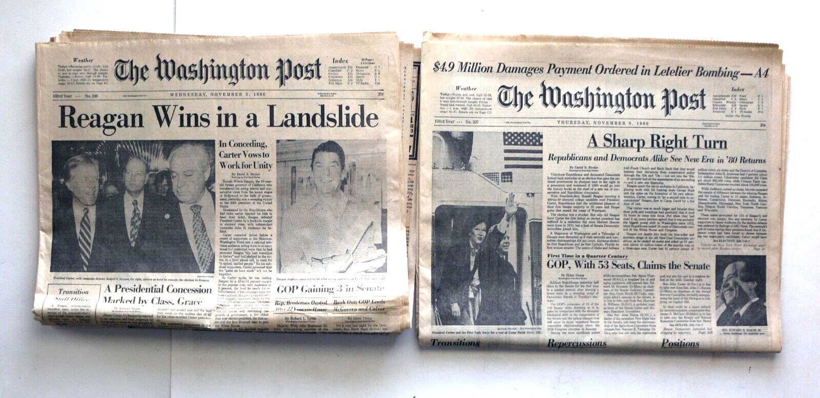 Reagan Wins in a Landslide 1980, Washington Post November 5 and 6