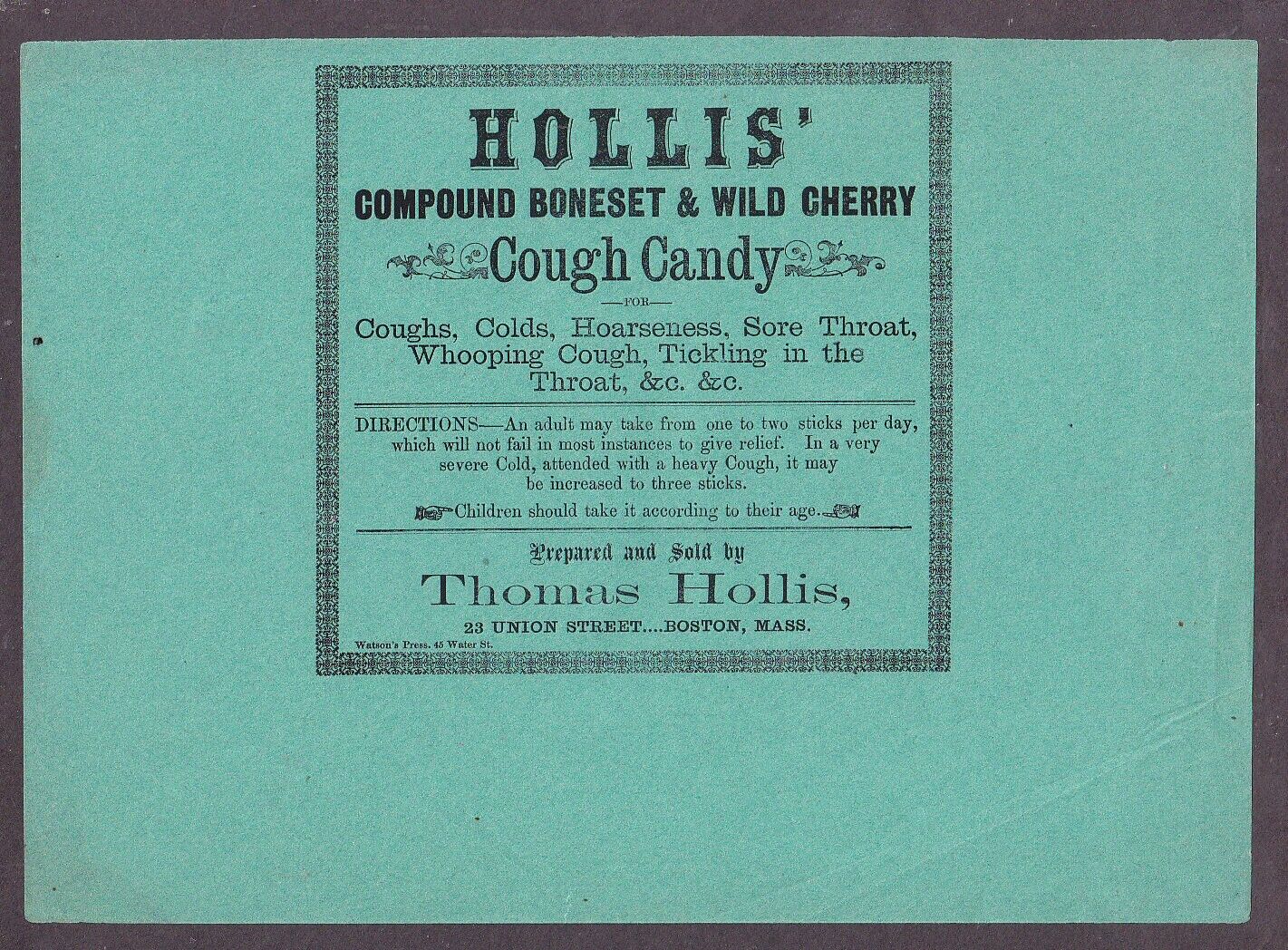 Broadside for Thomas Hollis Cough Candy Sticks Boston MA circa 1850's