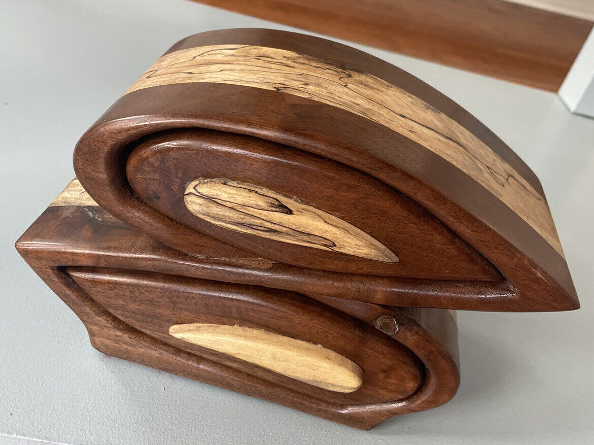 Amazing RARE Artisan-made inlay WOODEN JEWELRY BOX felt-lined USA Walnut Oak VTG