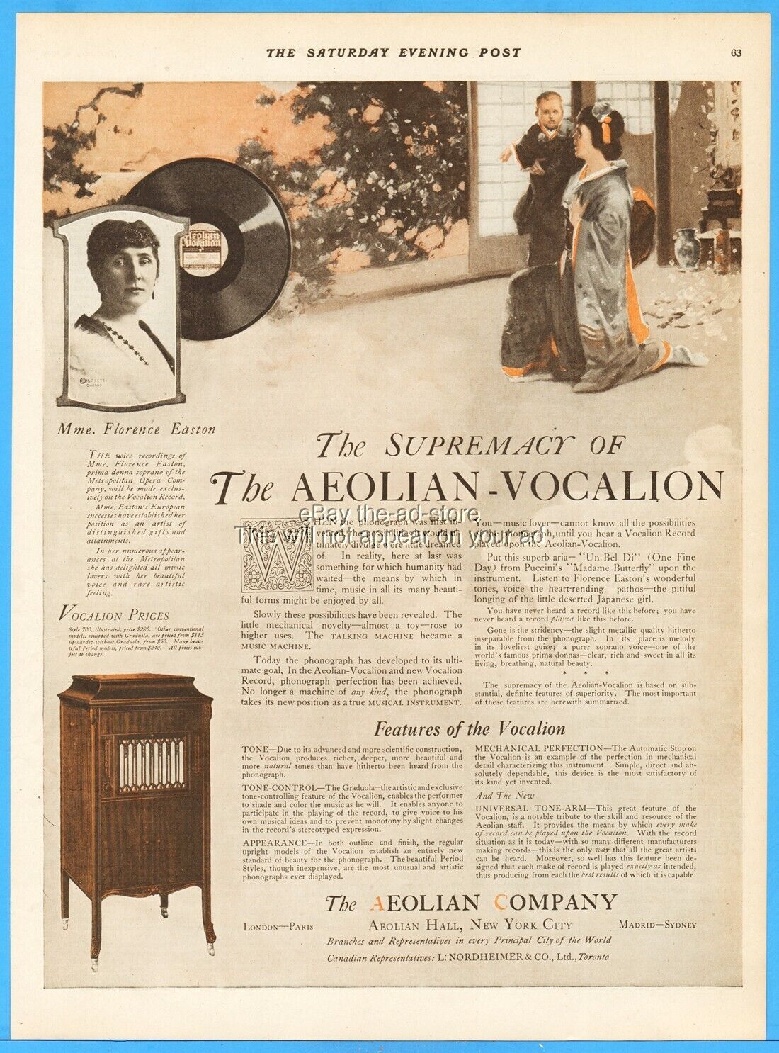 1919 Florence Easton Aeolian Vocalion Phonograph Print Ad Antique Record Player