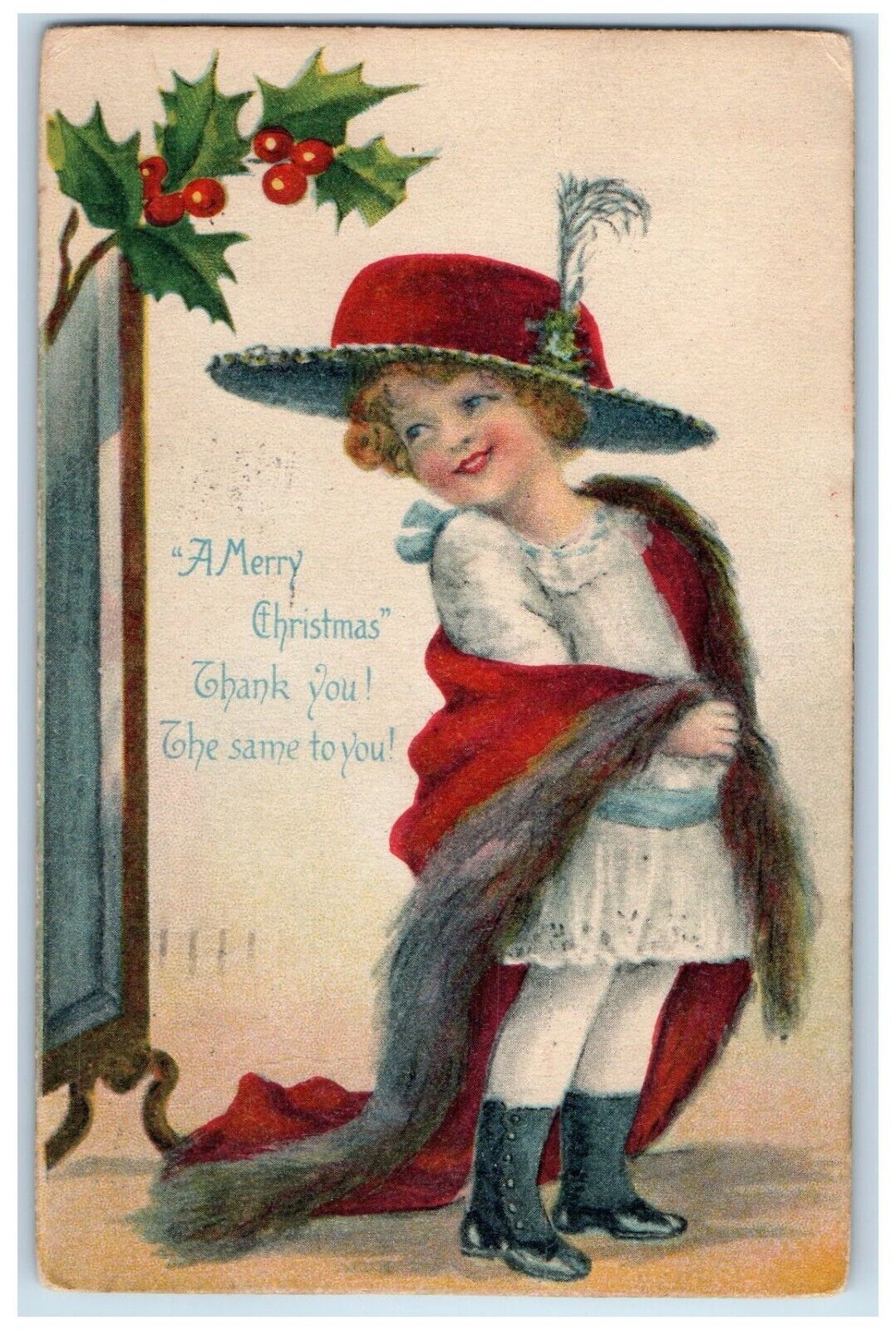 1916 Merry Christmas Girl Big Hat Feather Holly Berries Oakland CA Postcard