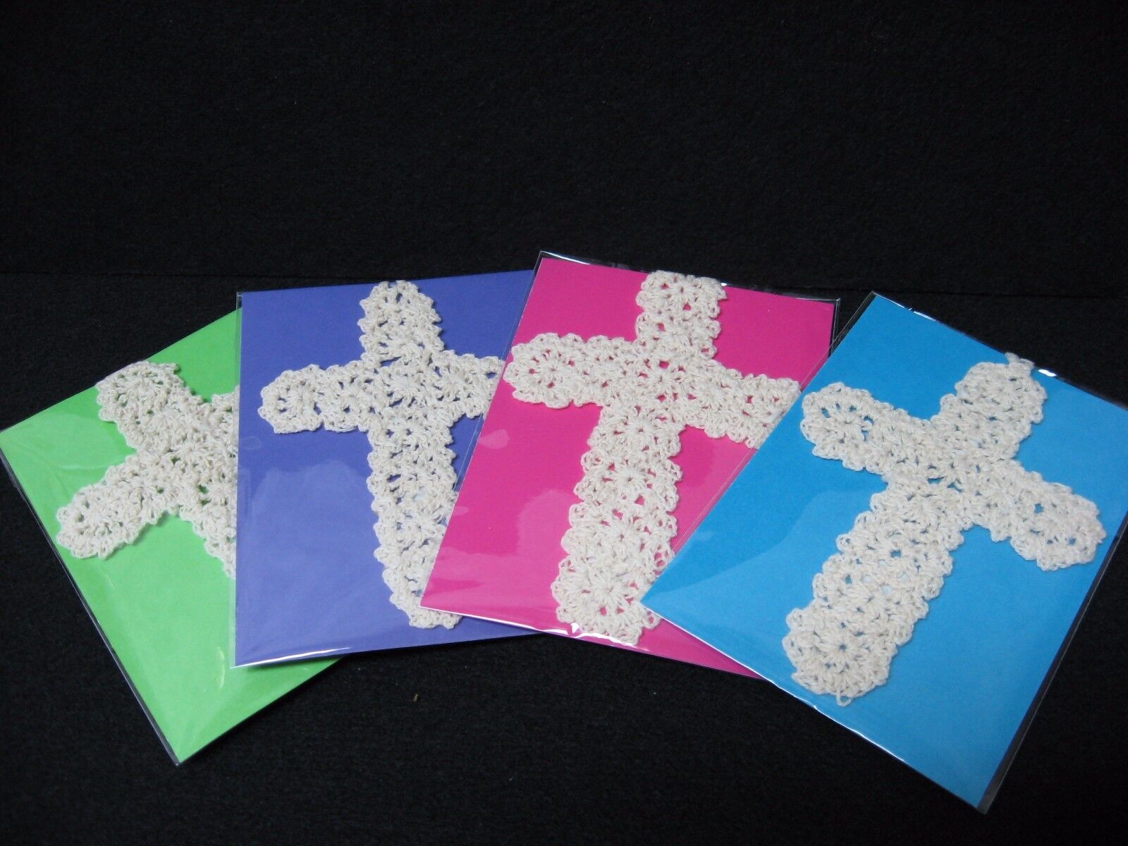NEW LOT 4 hand crochet cotton CROSS bookmarks + LONG TASSEL nip