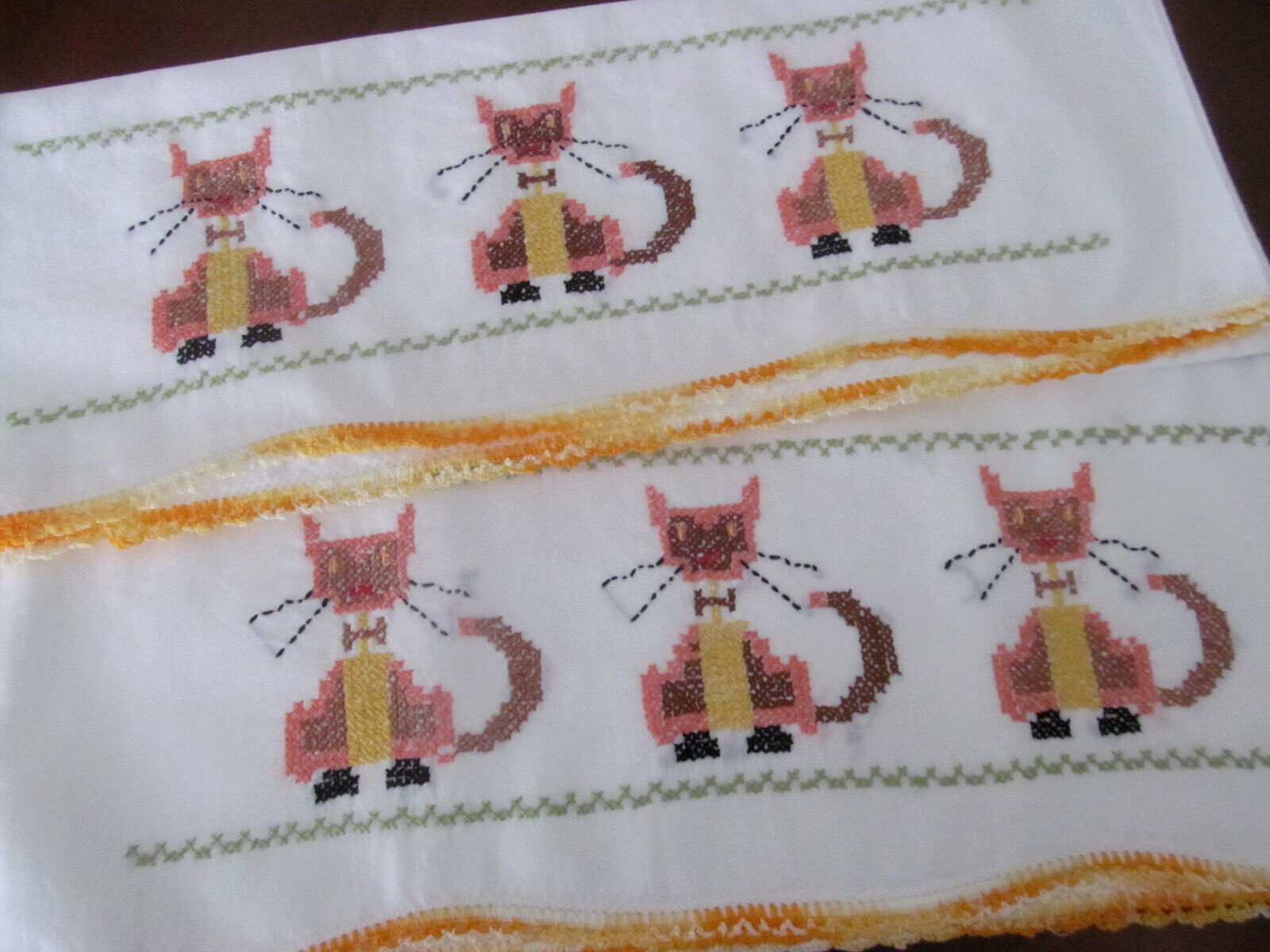 Cute Pair White Pillowcases Hand Embroidered Cats~Fall Halloween Orange Black
