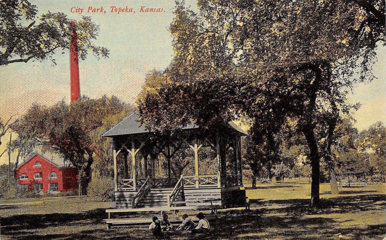 Topeka Kansas~Water Pumping Station in City Park~Boys Play Under Band Stand~1909