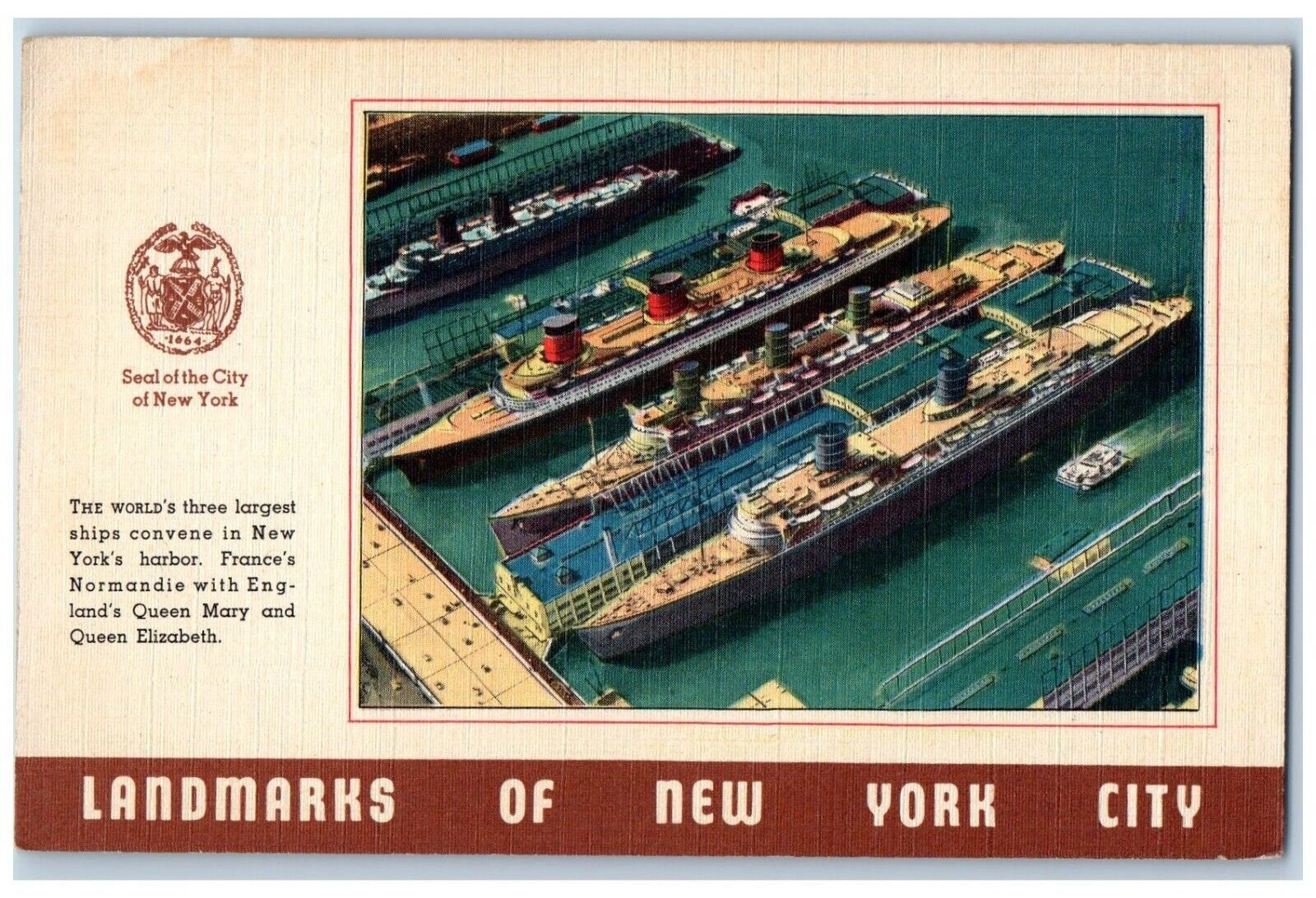 New York City New York Postcard Landmarks Seal City Queen Mary Elizabeth c1940