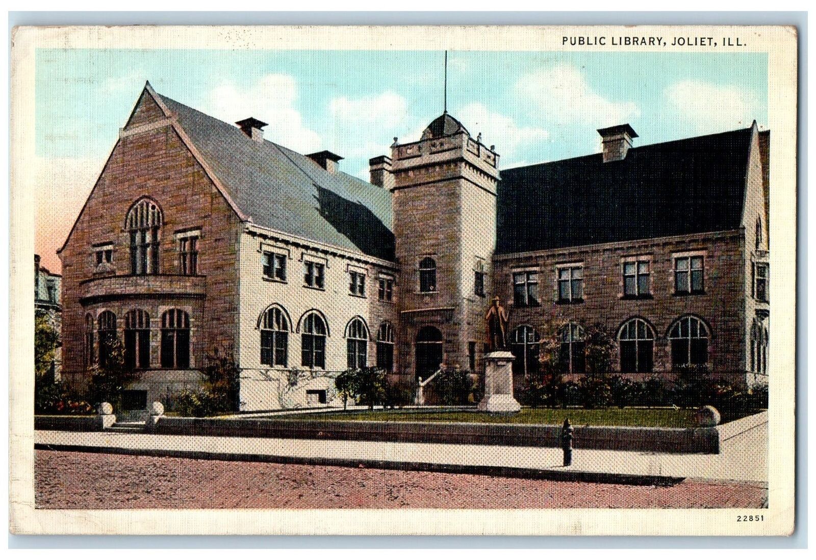 1938 Public Library Building Facade Tower Monument Joliet Illinois IL Postcard
