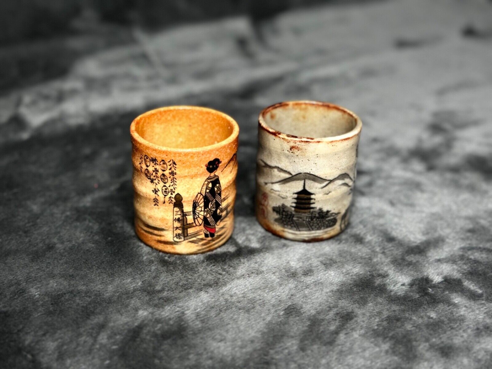 unique pair asian glazed ceramic saki/ teacups- set of two