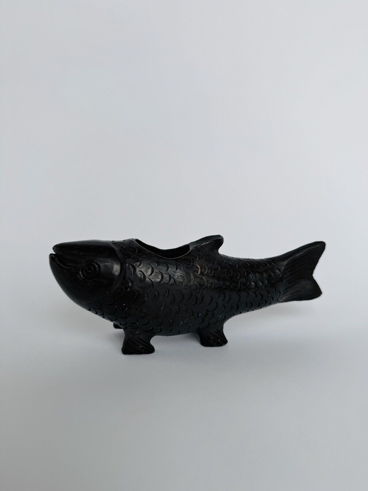 Vintage Black Clay Koi Fish Sculpture Figure Vessel