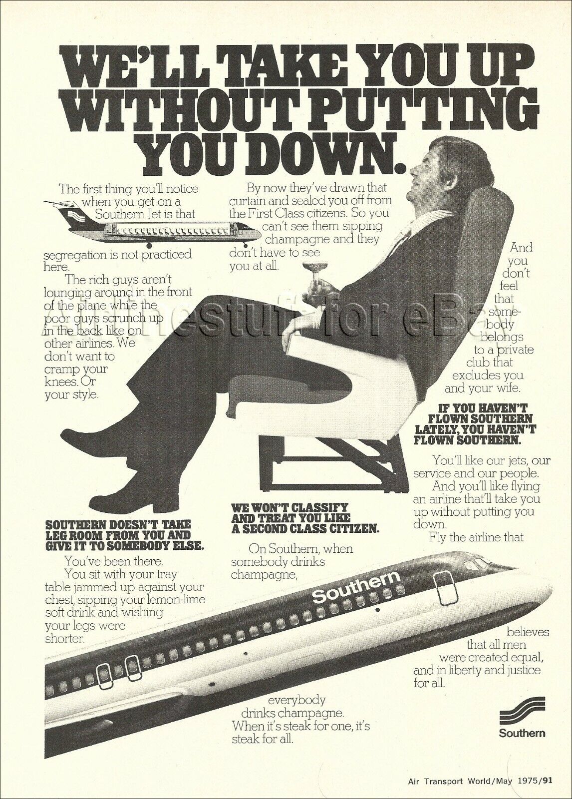 1975 SOUTHERN Airways McDonnell Douglas DC9 AD airlines advert STEAK & CHAMPAGNE
