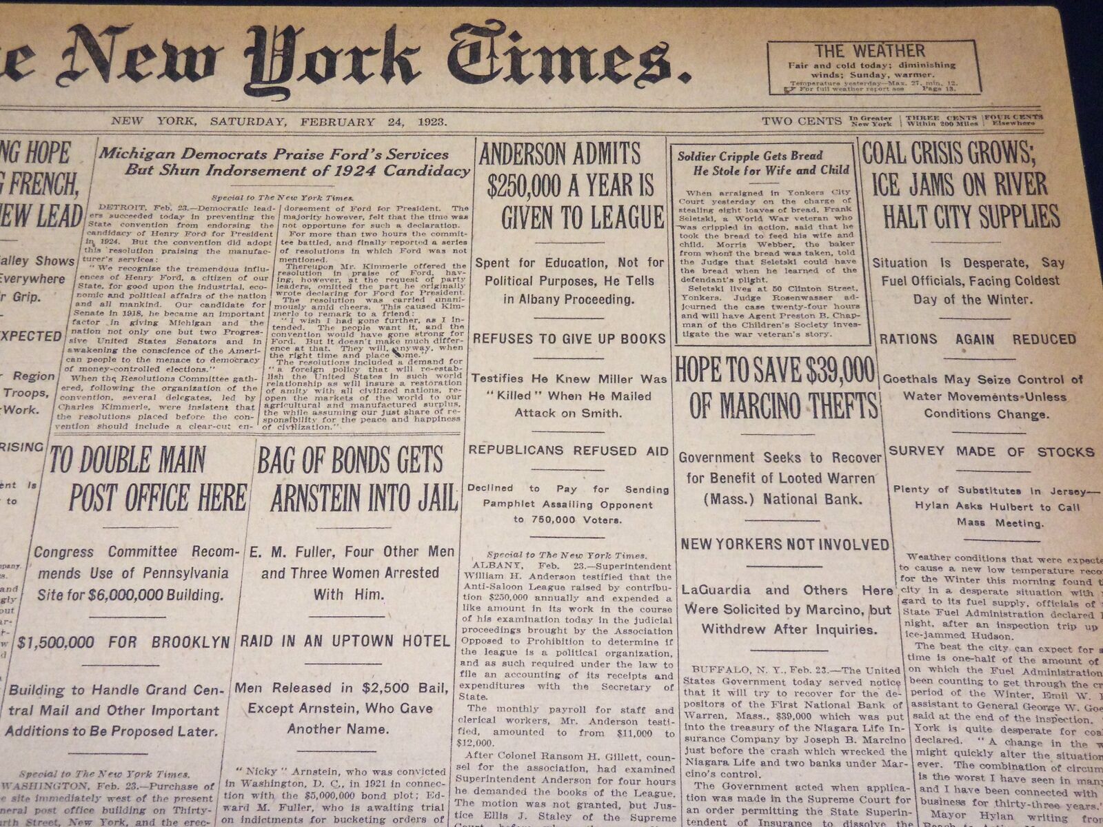 1923 FEBRUARY 24 NEW YORK TIMES - TO DOUBLE MAIN POST OFFICE HERE - NT 7992