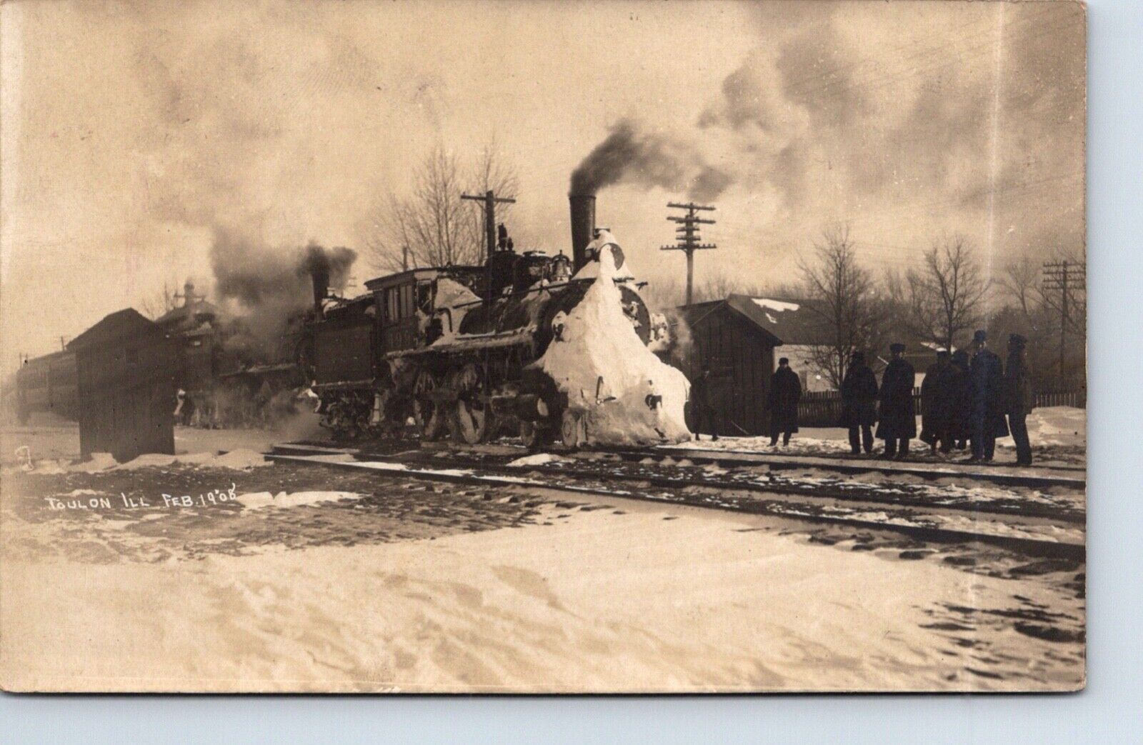 Real Photo Postcard Toulon Illinois Rock Island Railroad Train Depot Snow Plow