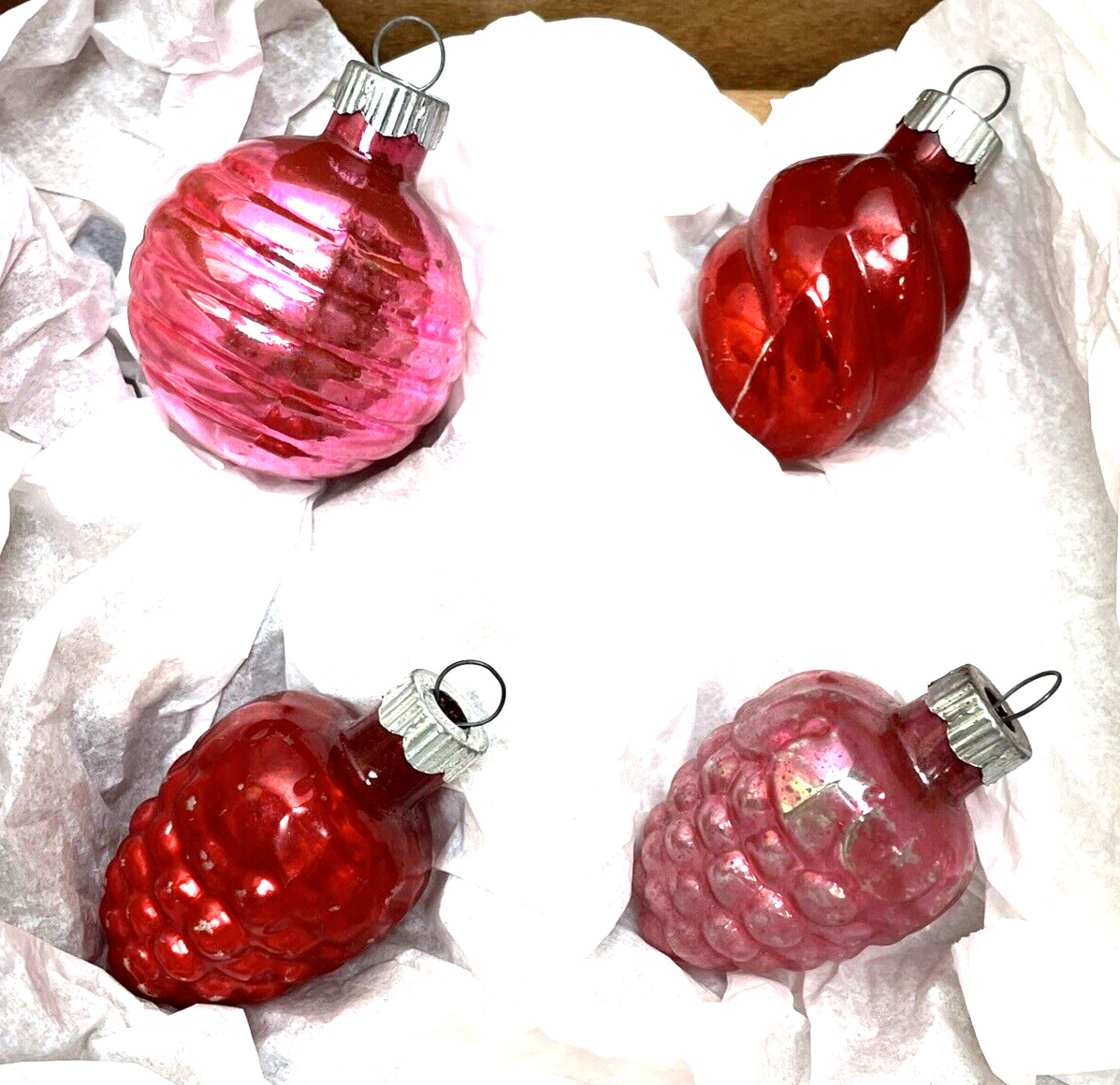 Vintage Shiny Brite Christmas Ornaments Glass Figural Grapes Swirl Rib Pink Red