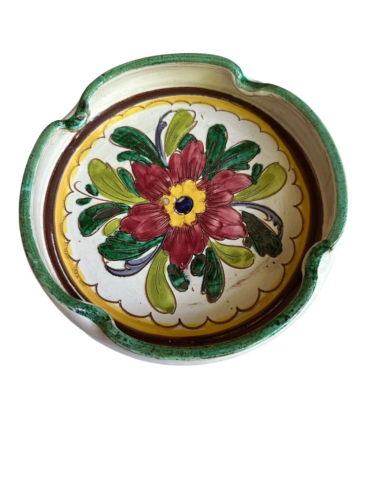 Vintage Floral Ceramic Ashtray Signed Italy 8.5” 