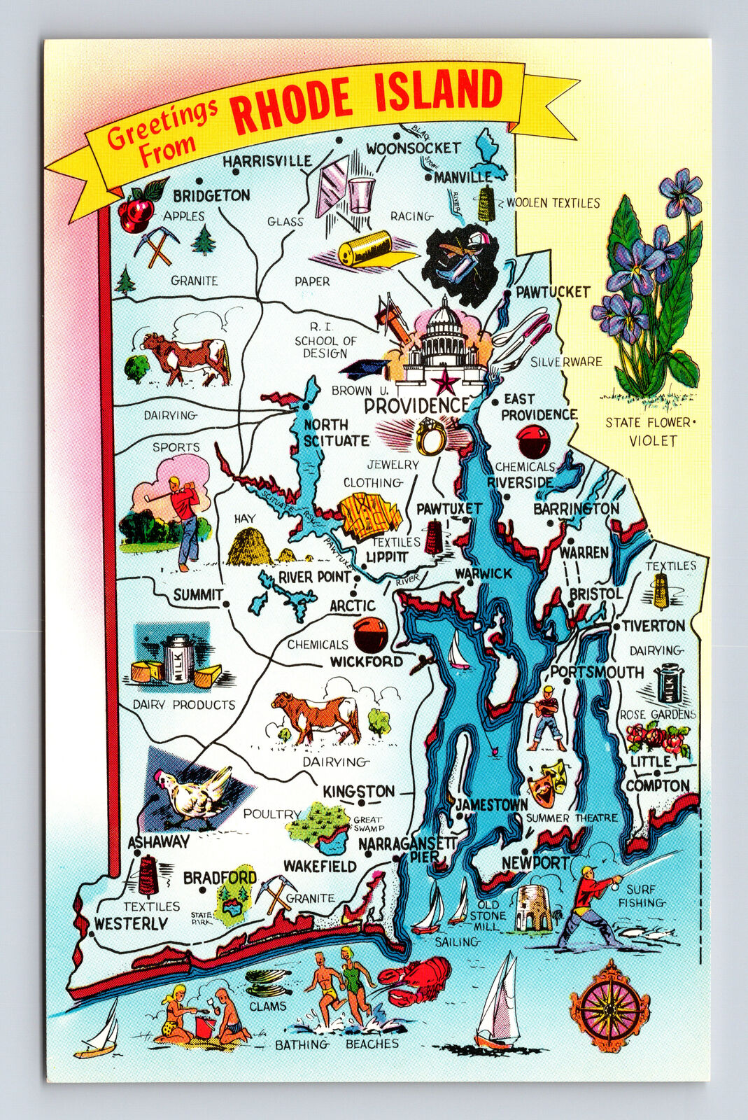 Pictorial Tourist Attraction Map State Flower Greetings Rhode Island RI Postcard