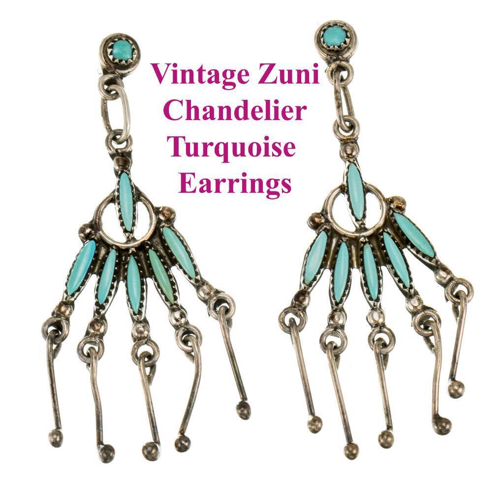 Vintage ZUNI Turquoise Earrings Chandelier Needlepoint Sterling Silver  Dangles