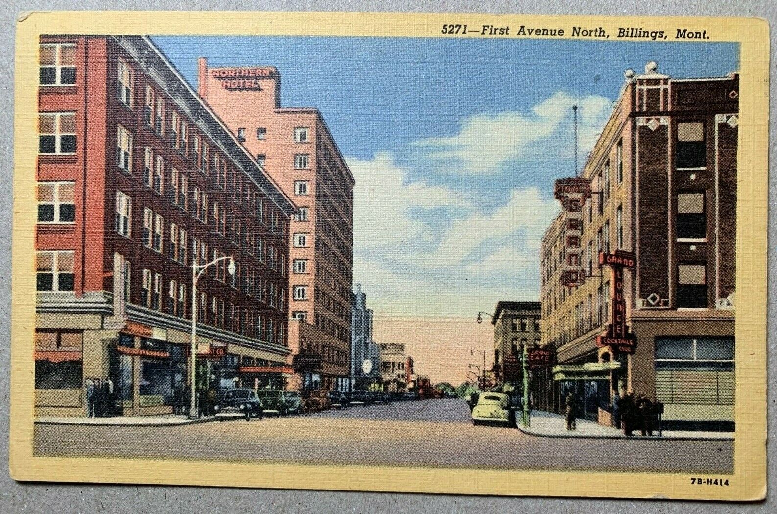 Postcard Billings MT - c1940s Street Scene - Grand Hotel on First Ave