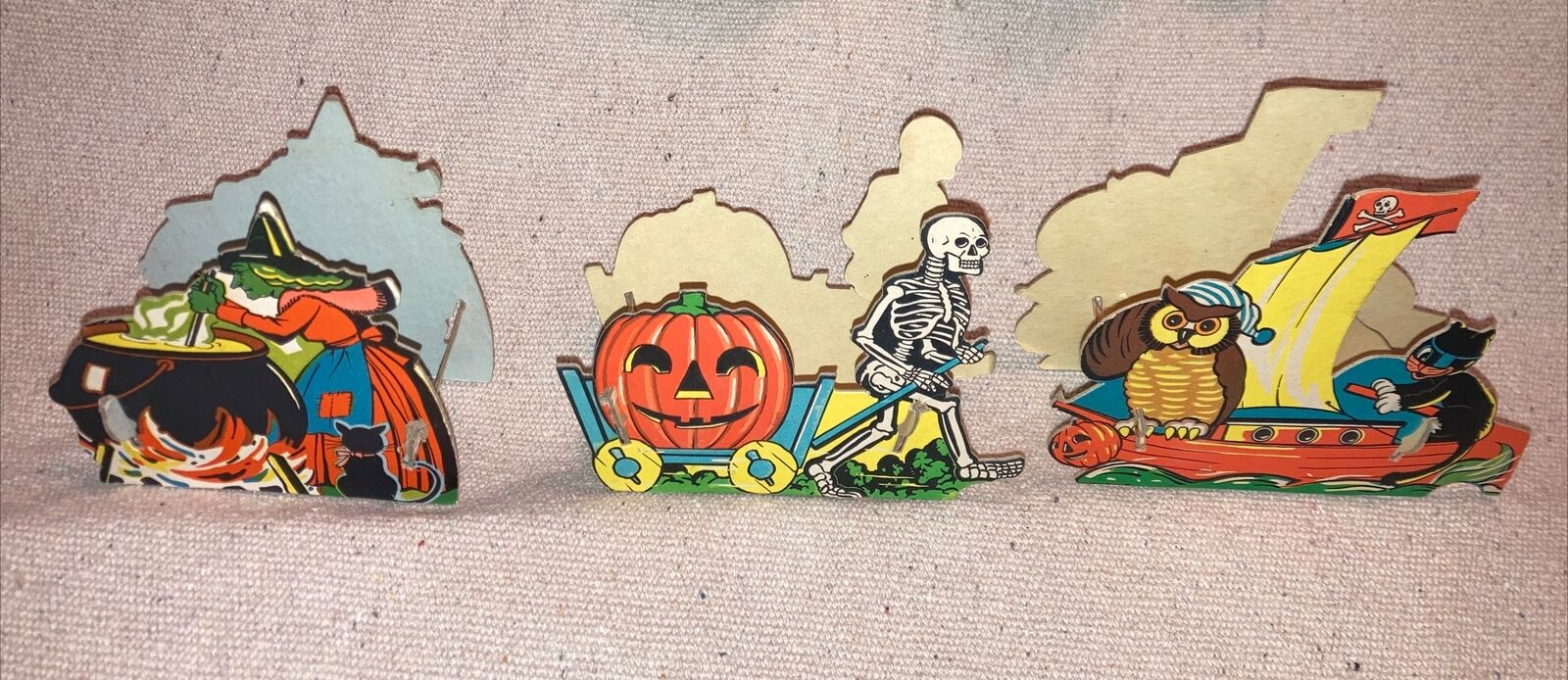 3 Vintage Witch Skeleton Pirate Ship Cardboard Halloween Candy Containers G.M.CO