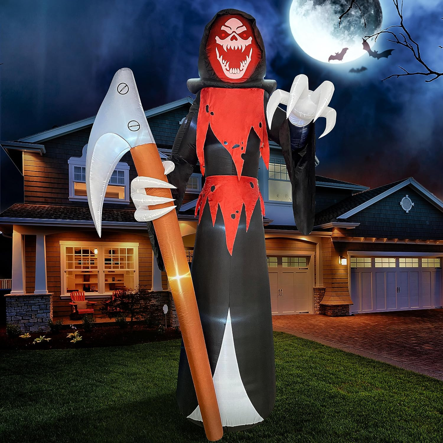 12 Ft Tall Giant Scary Halloween Inflatable Grim Reaper with Scythe, Blow up Rea