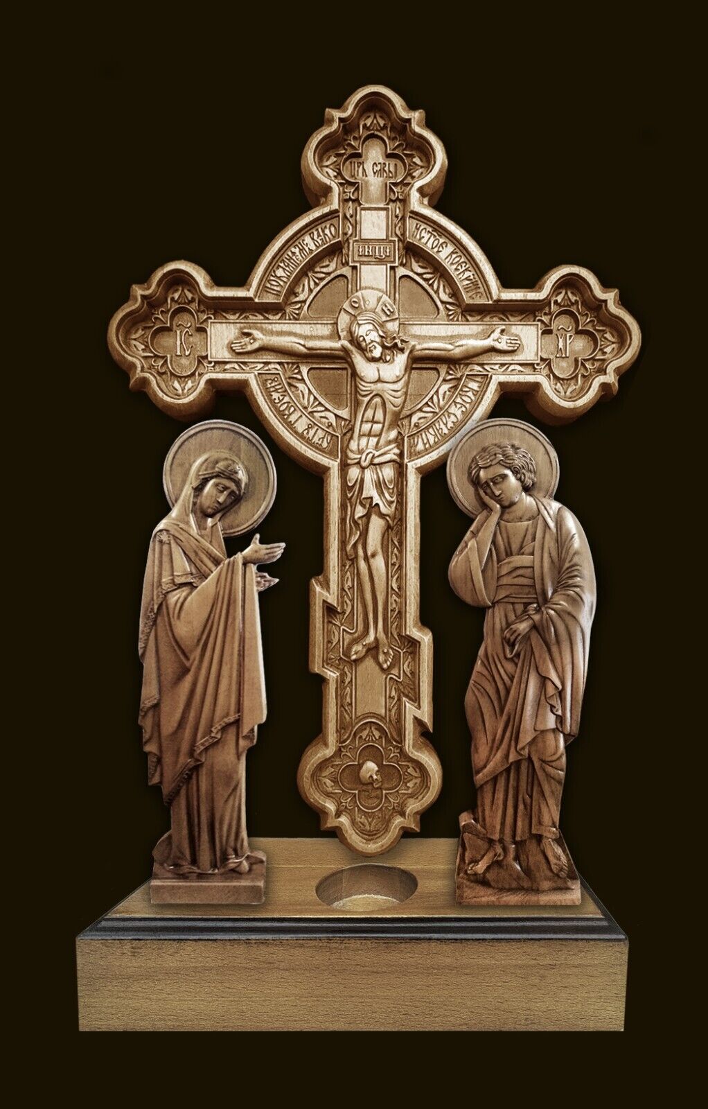 Wood Carved Calvary with circle 21.65″. Jesus Christ. St Mary. John the Apostle.