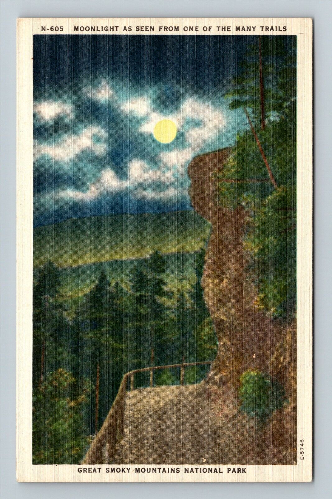 Great Smoky Mtns Nat\'l Park, TN-Tennessee Moonlight From A Trail Linen Postcard