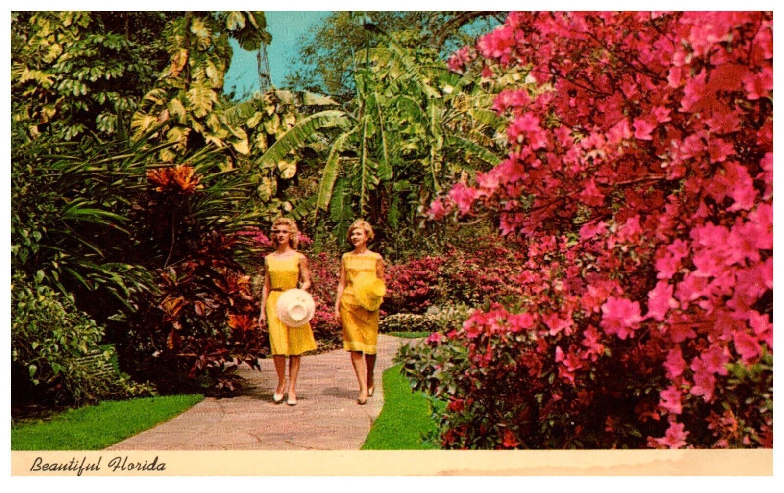 Florida Sunken Gardens Tropical Garden Women Yellow Dress c.1950 Postcard