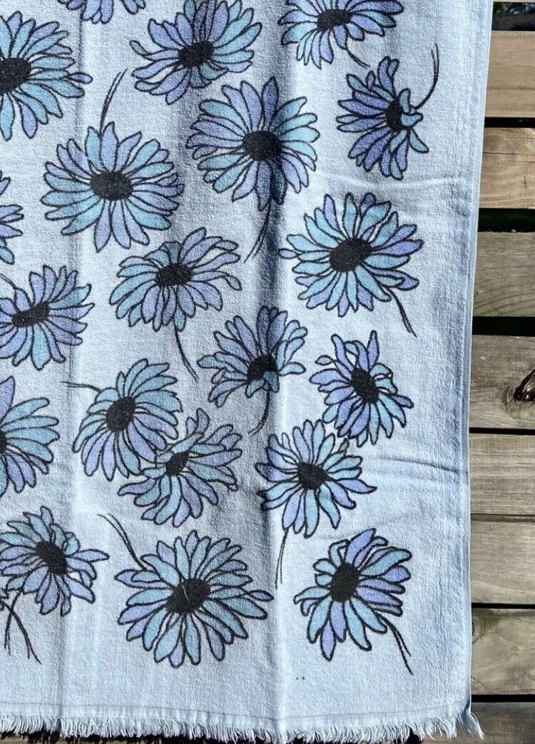 Vintage 70s Blue Flower Power Bath Towel/Sheet Fringed EUC USA 44”x22”