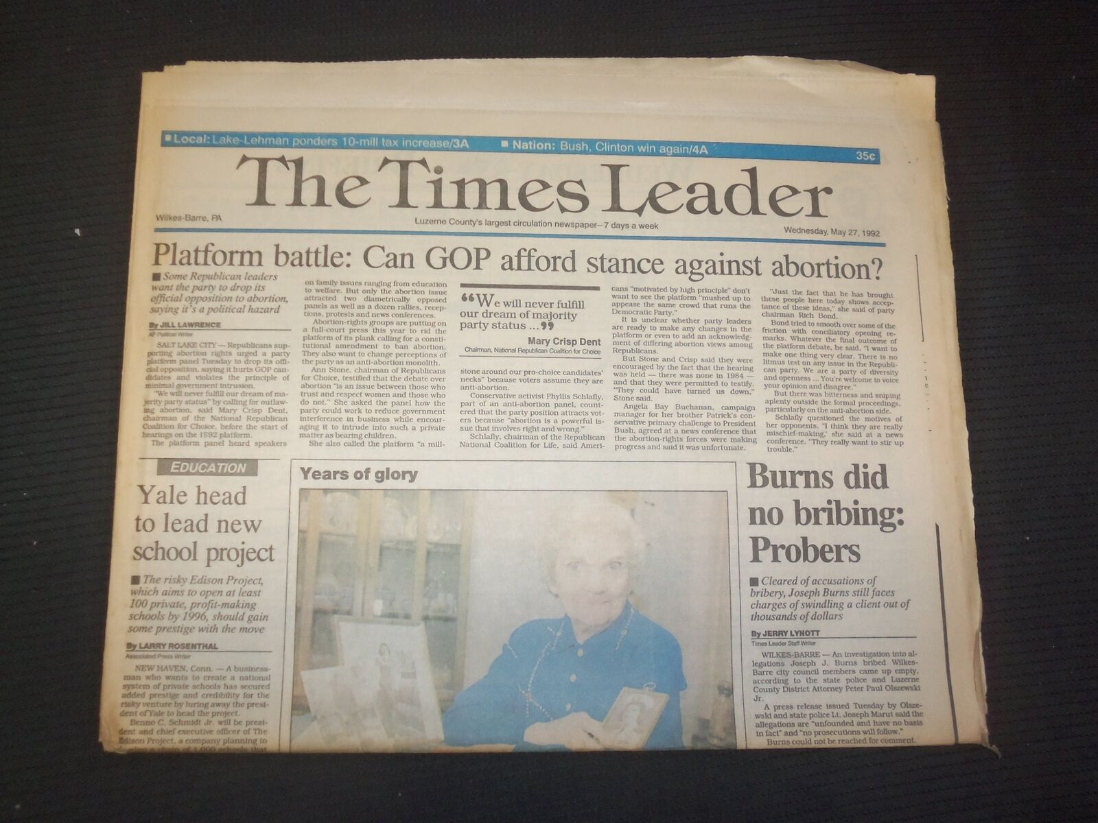 1992 MAY 27 WILKES-BARRE TIMES LEADER - GOP STANCE AGAINST ABORTION - NP 7534