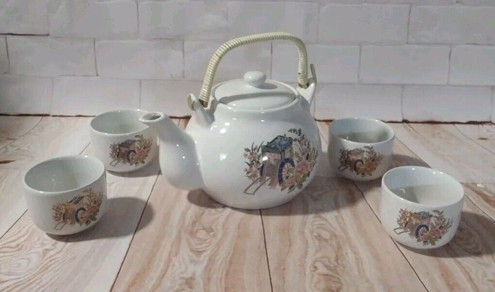 Vintage Hand Crafted Asian Tea Pot Ceremony Set - 4 Cups Stoneware From Tiawan