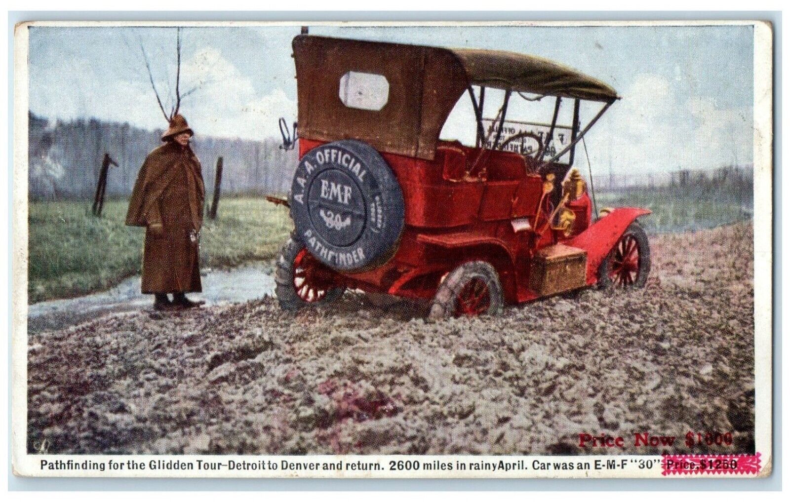 c1910s EMF 30 Pathfinder Glidden Tour Car Detroit To Denver Advertising Postcard