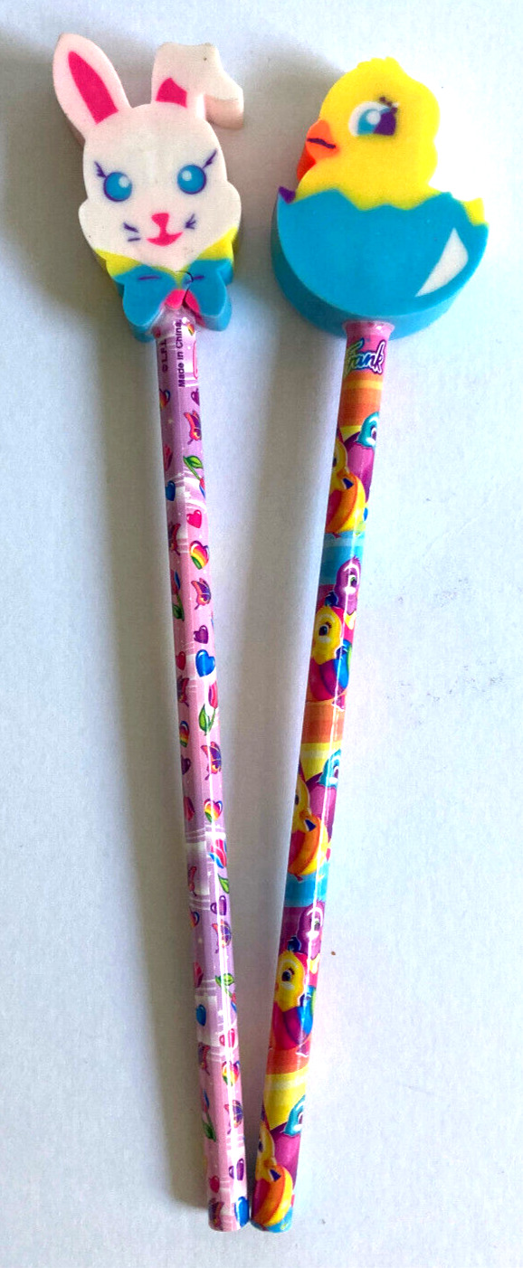 Lot Of 2 Vtg Lisa Frank Pencils With Big Eraser Tops BUNNY Rabbit & Baby CHICK