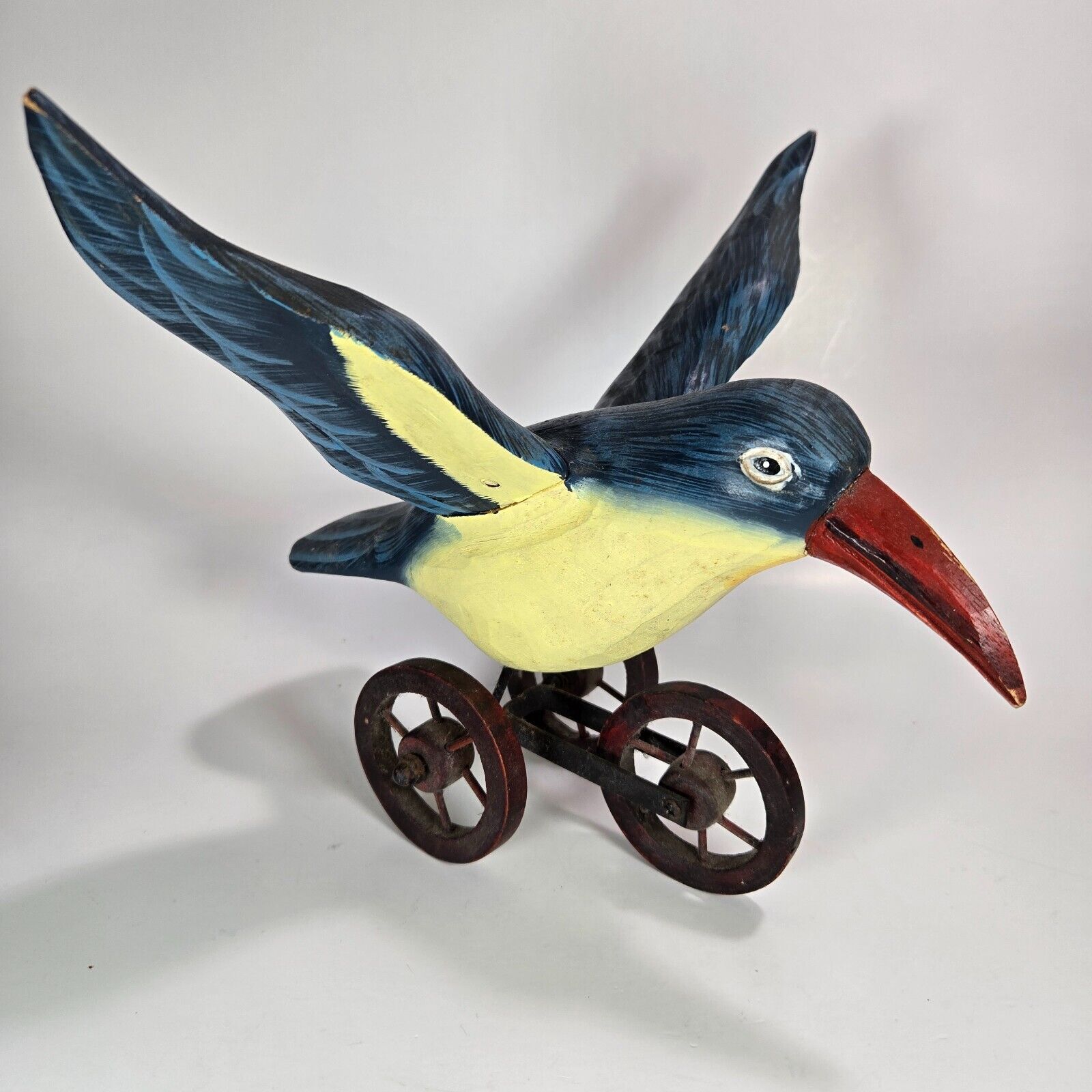 Vintage Primitive Hand Carved Flying Bird on Wheels Home Decor 8\