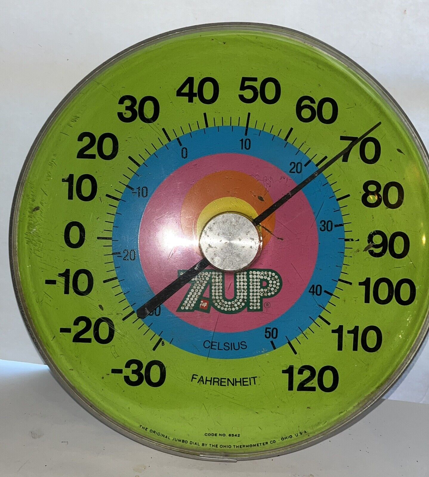 1970's Vintage 7UP Metal Thermometer JUMBO DIAL Soda Advertising