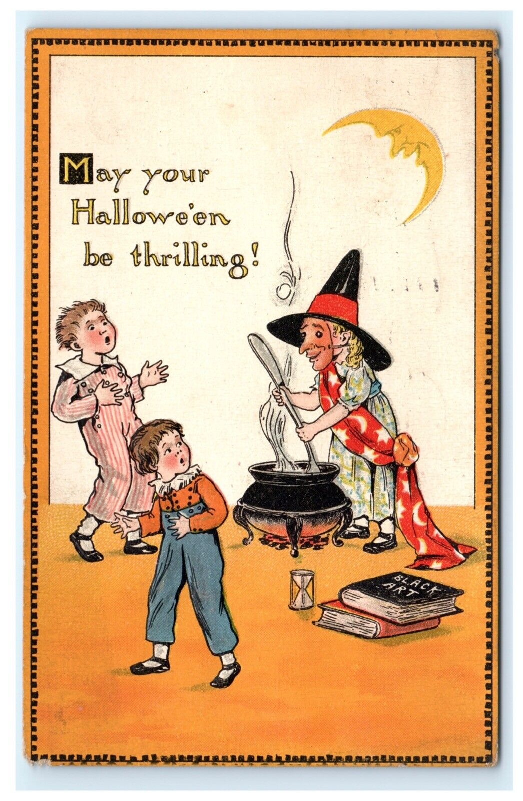 Tuck’s Raphael Tuck Halloween Postcard Black Art Witch Moon Scared Children B6