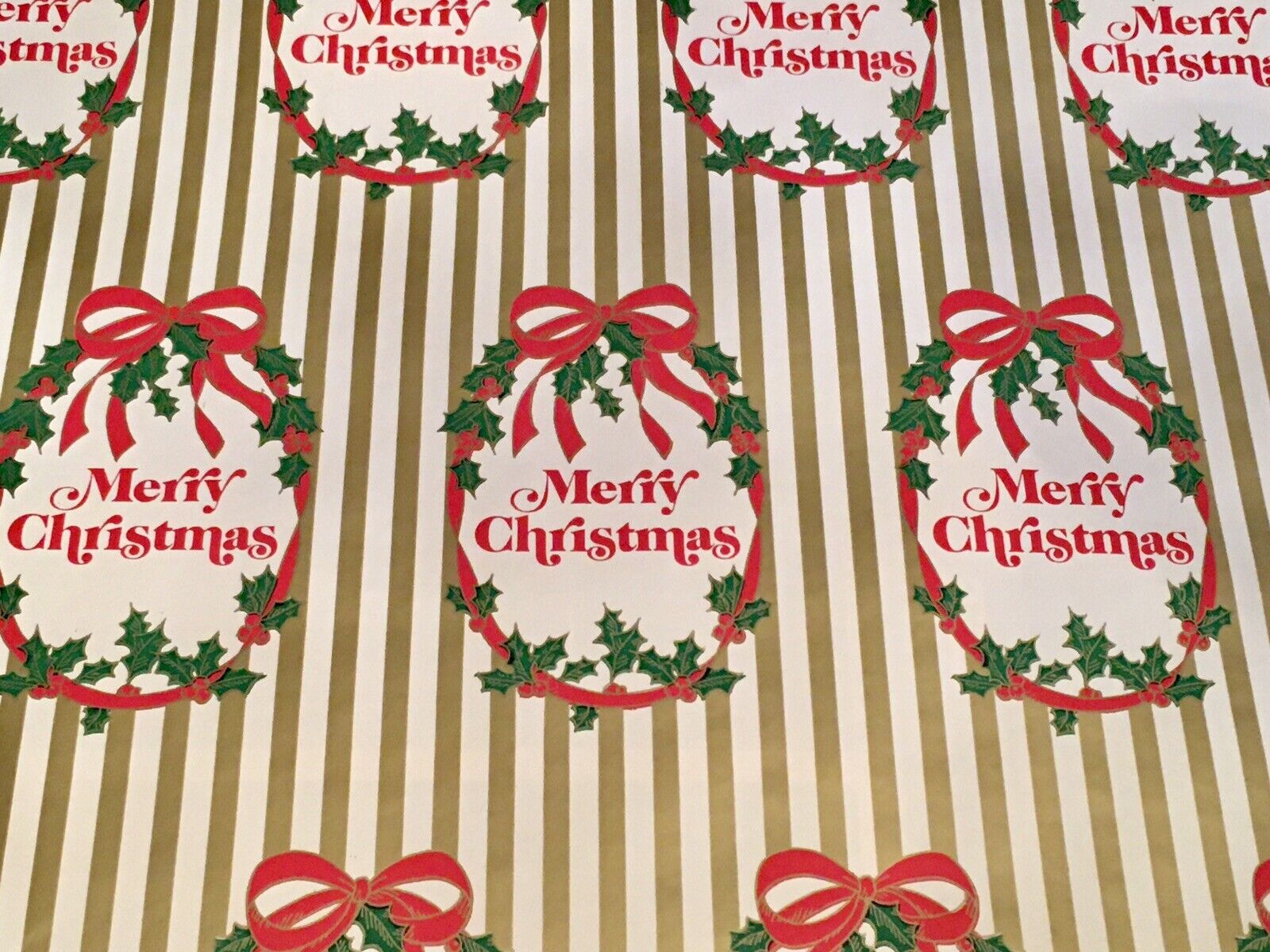 VTG MERRY CHRISTMAS WRAPPING PAPER GIFT WRAP NOS GOLD STRIPE
