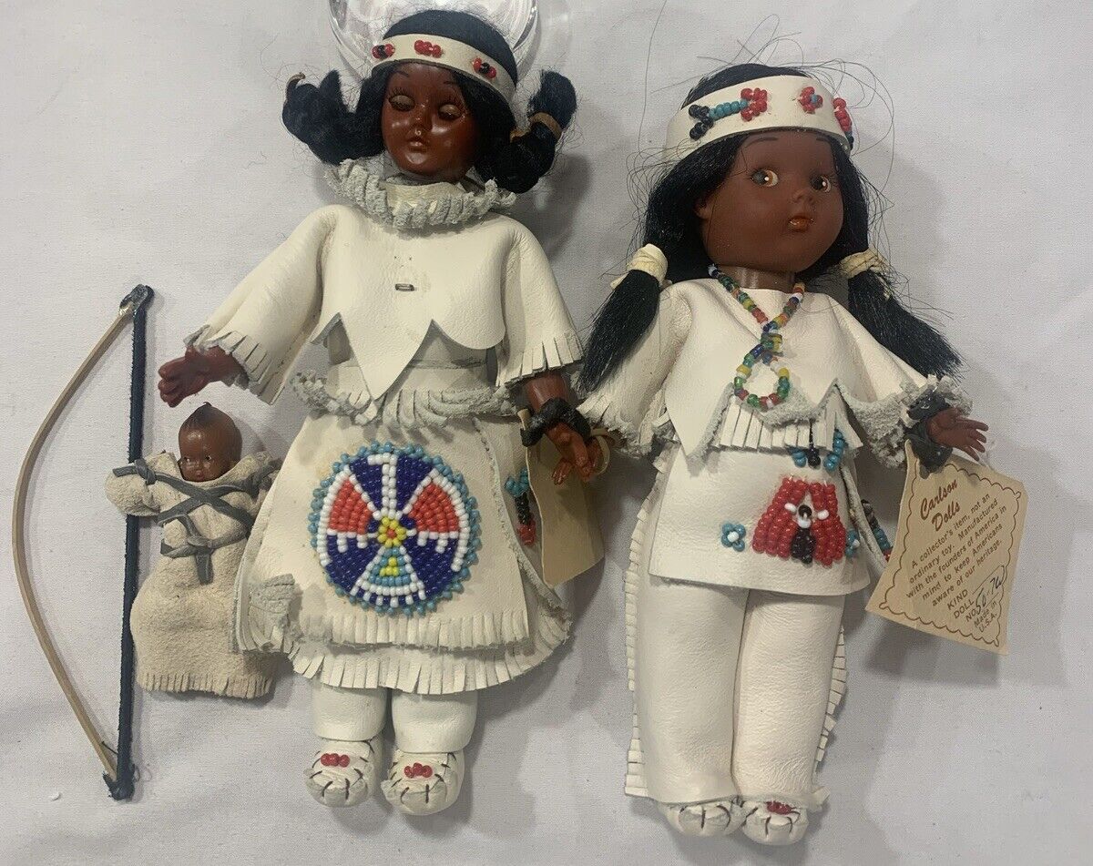Lot of 2 Vintage Native American Carlson Dolls, + Baby + Bow. ***See Notes***