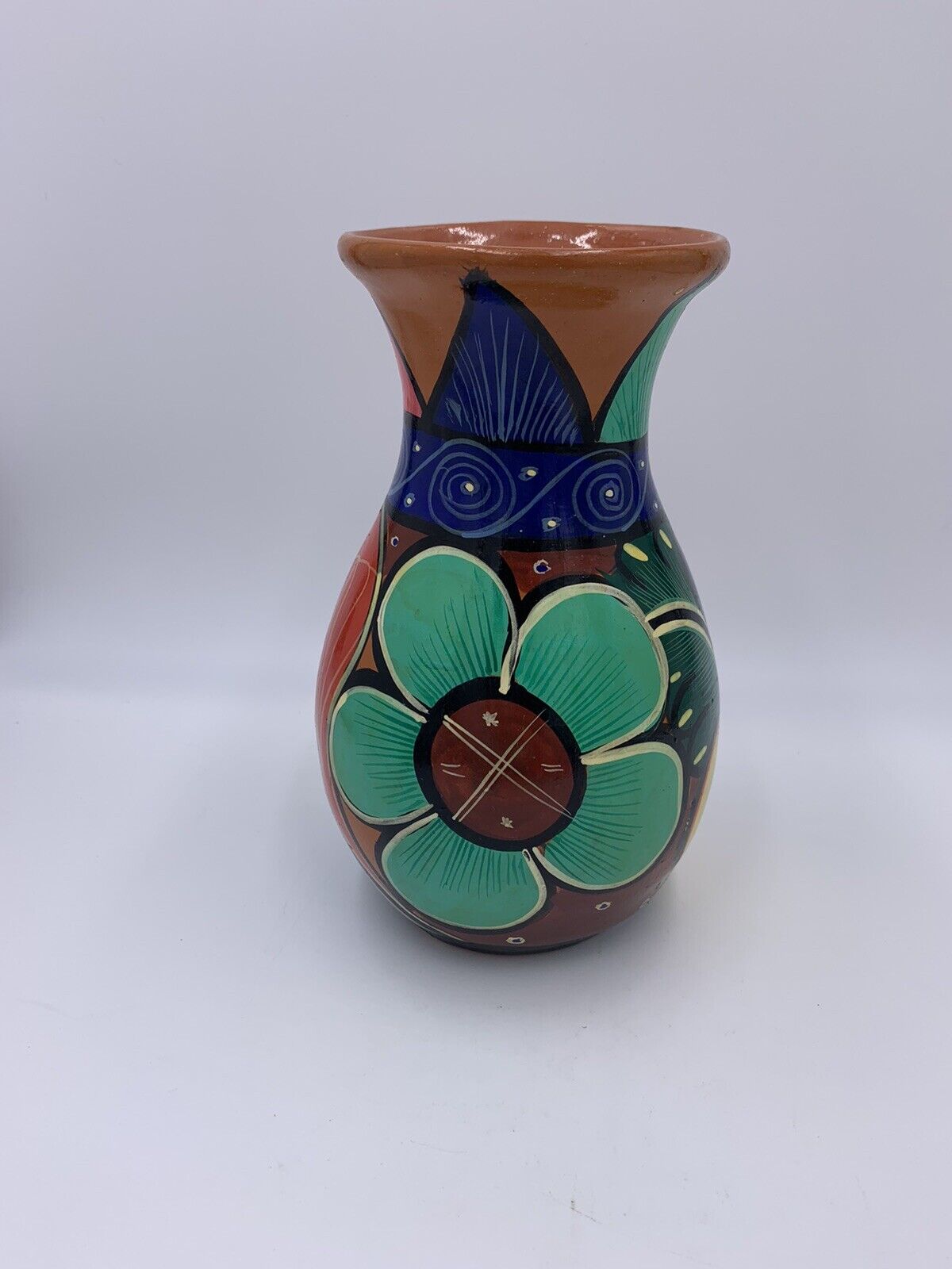 Vtg Mexico Talevera Pottery Tera Cotta Vase Folk Art Flowers Colorful Art 7.75”