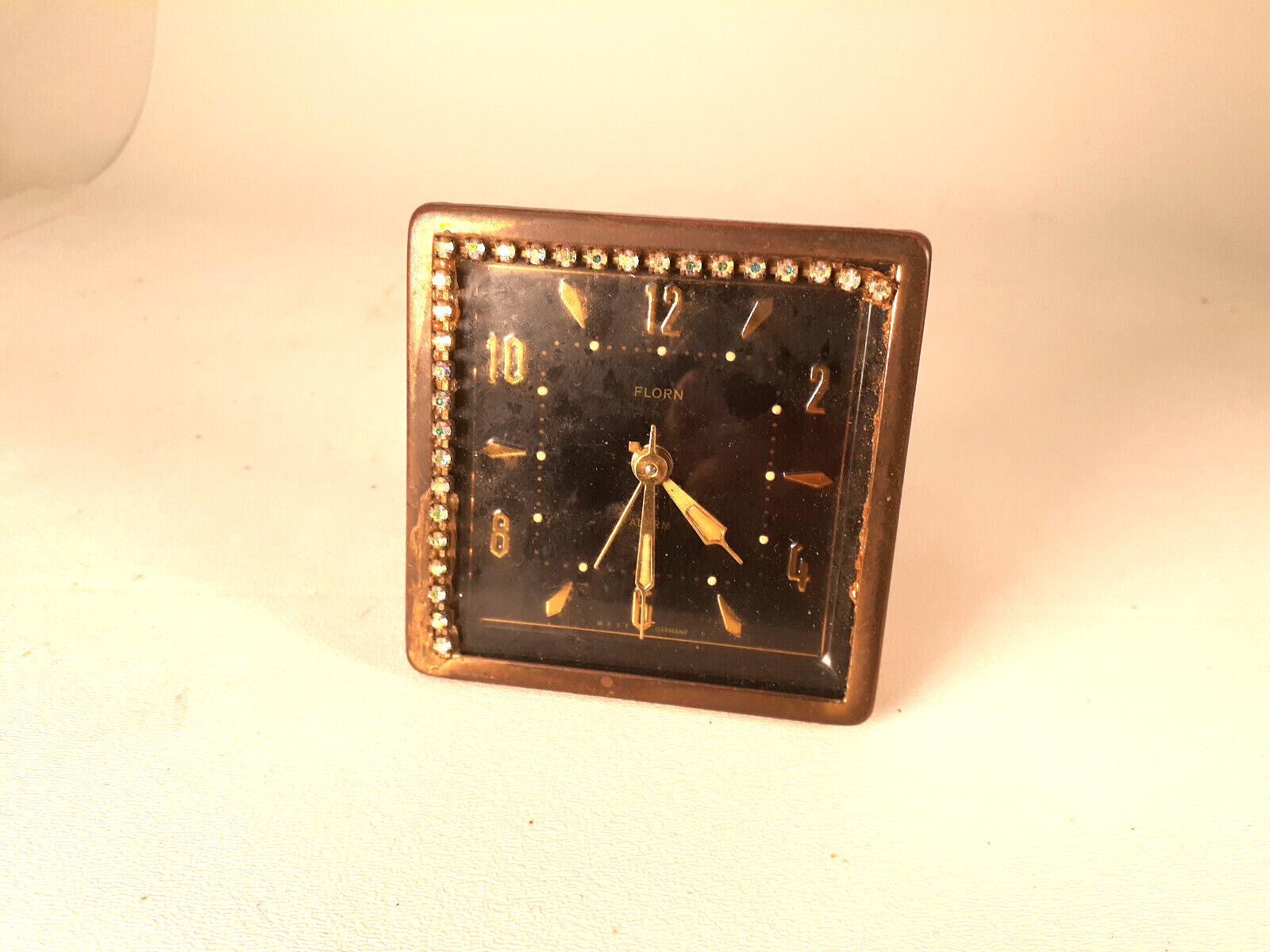Vintage German Glamor Alarm Clock, Rhinestone Case,1950s, Running
