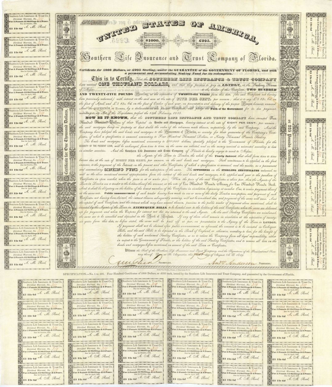 Southern Life Insurance and Trust Co. of Florida - 1839 dated $1,000 or 225 Poun