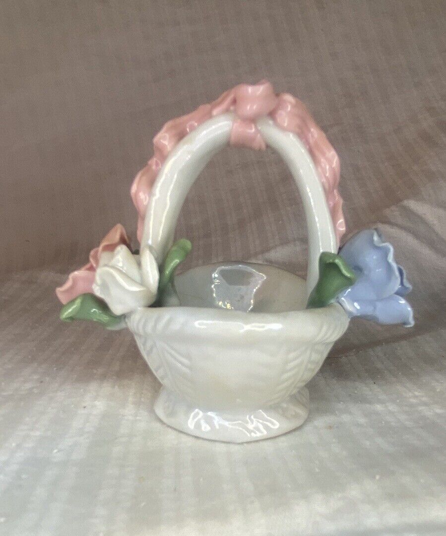 Vintage Porcelain Ceramic Flower Bouquet Floral Basket Pink Violet 