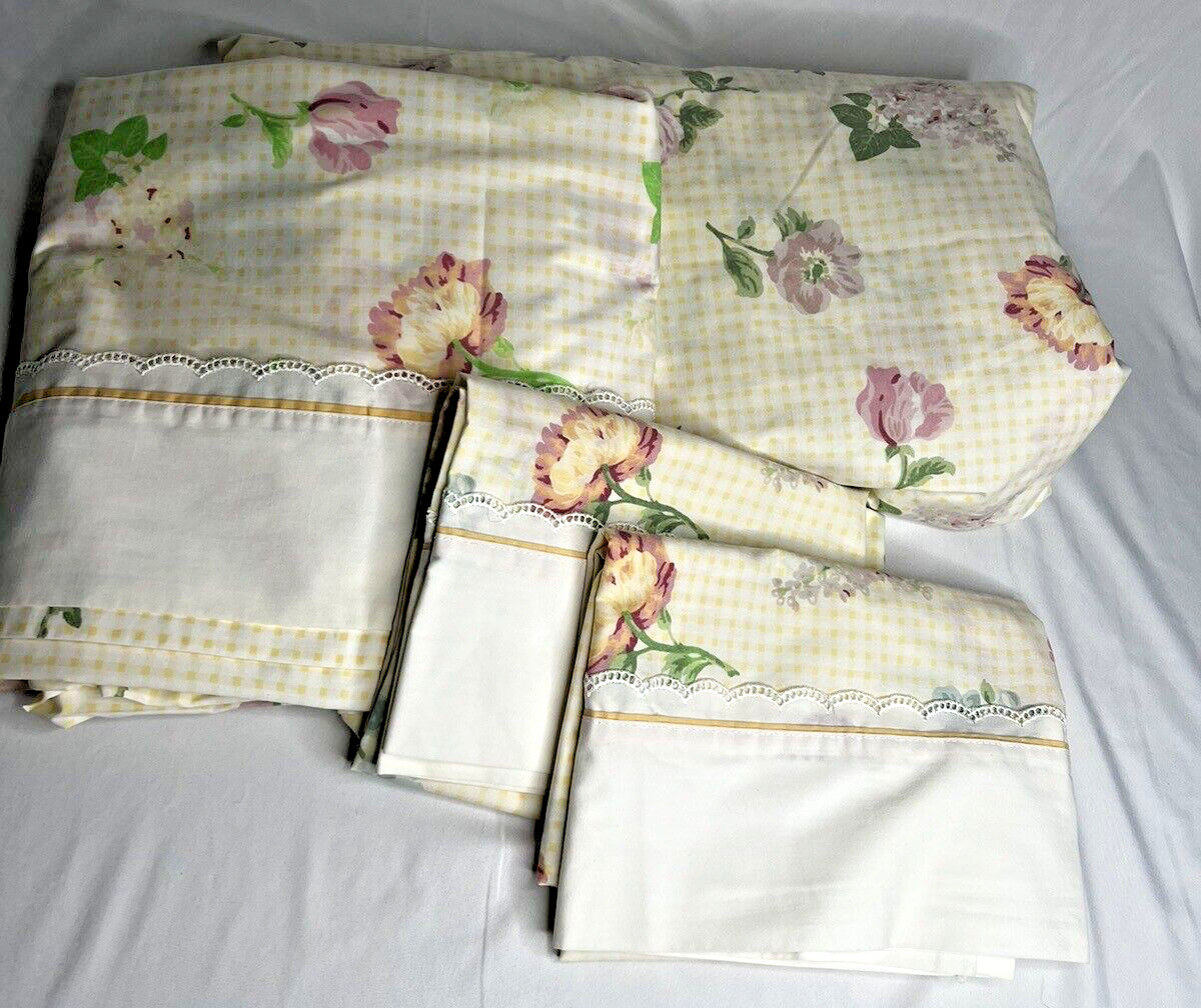 VTG Stevens Floral Picnic Check Full Sheet Set **4 Pcs** Country Cottage USA