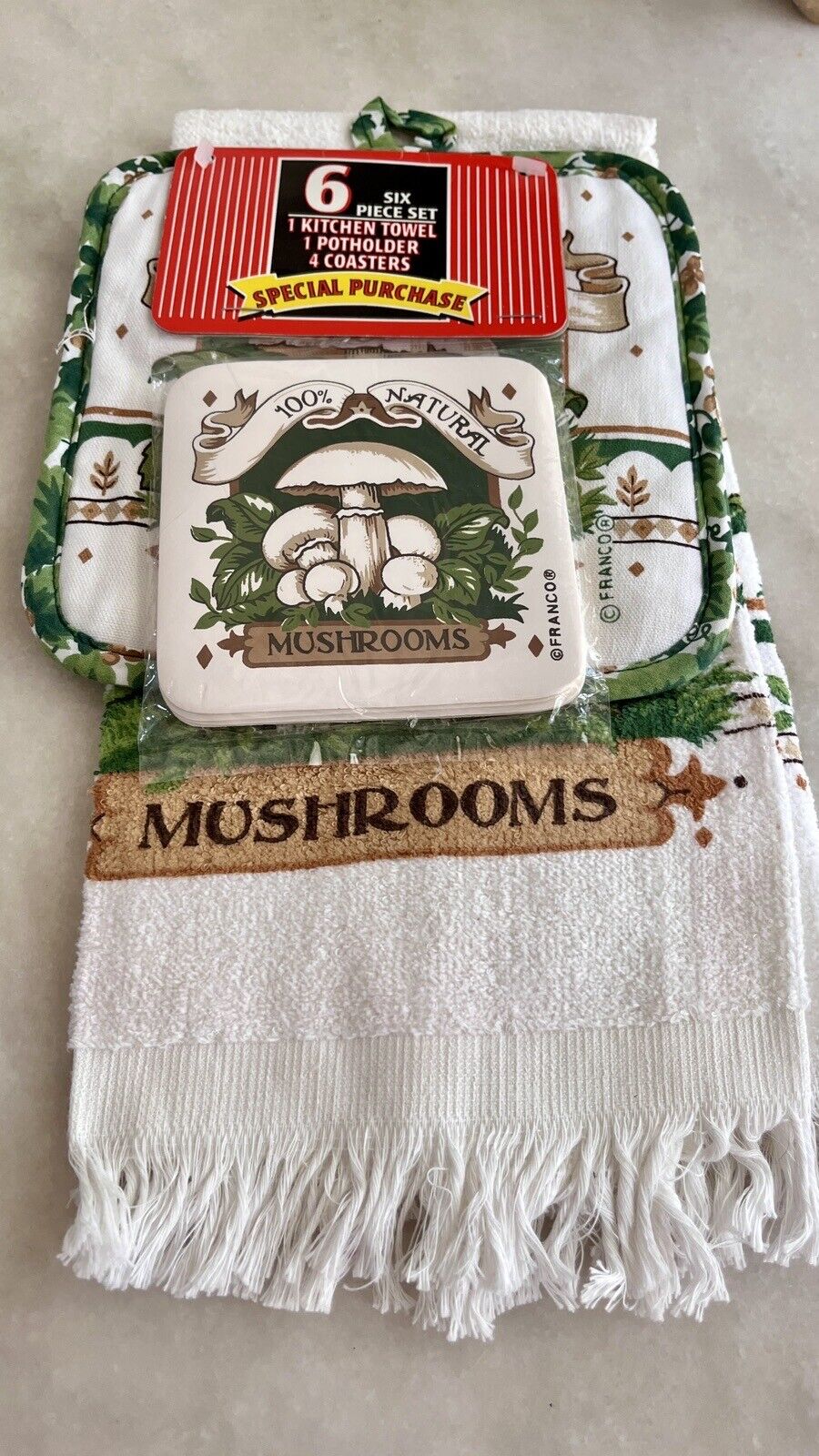 Vintage Mushroom Kitchen Towel Hand Set FRANCO Pot Holder Coasters NEW w TAGS