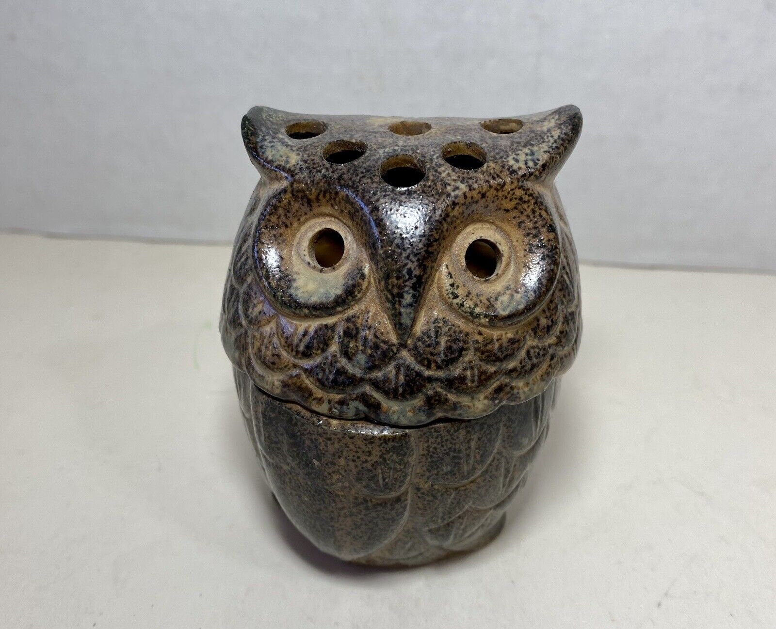 Figural Owl Incense Burner Detailed Stoneware Vintage 70s 3.5 in Tall