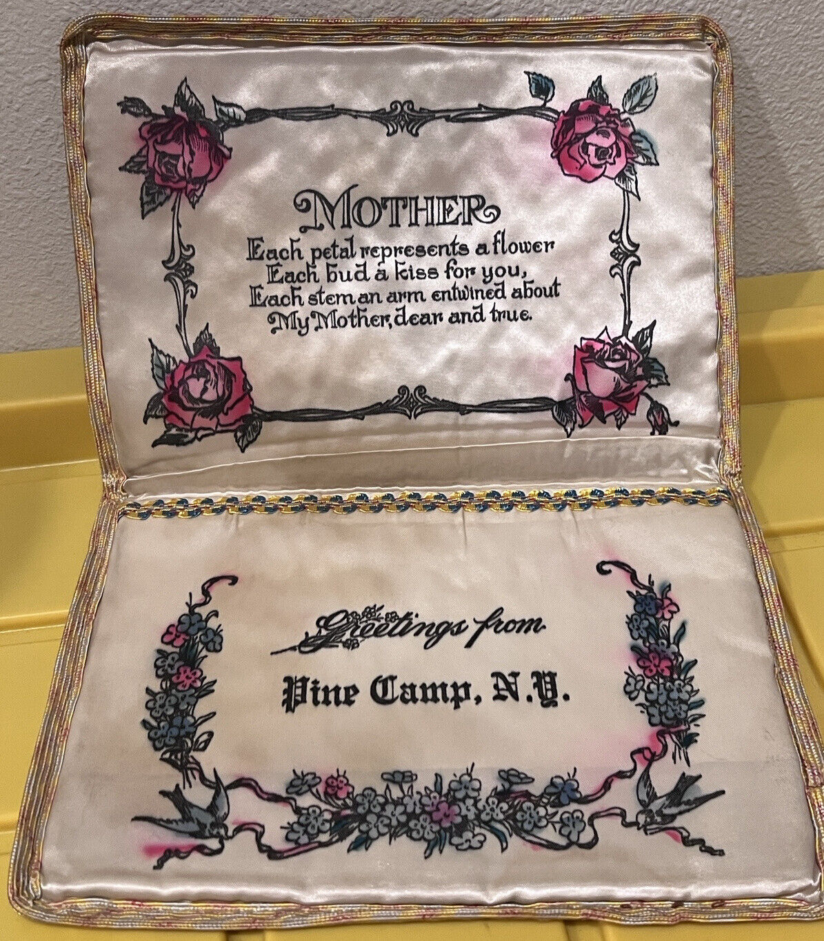 c1940s Greetings From Pine Camp NY New York Silk Satin Bible Cover To Mother WW2