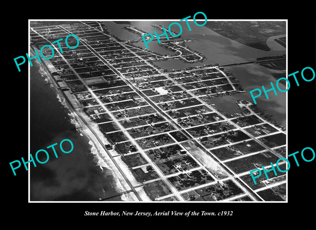 OLD LARGE HISTORIC PHOTO STONE HARBOR NEW JERSEY, AERIAL VIEW OF TOWN c1932