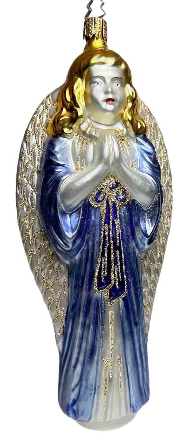 Vintage INGE-GLAS Germany Blue Praying Angel Motif Glass Christmas Ornament
