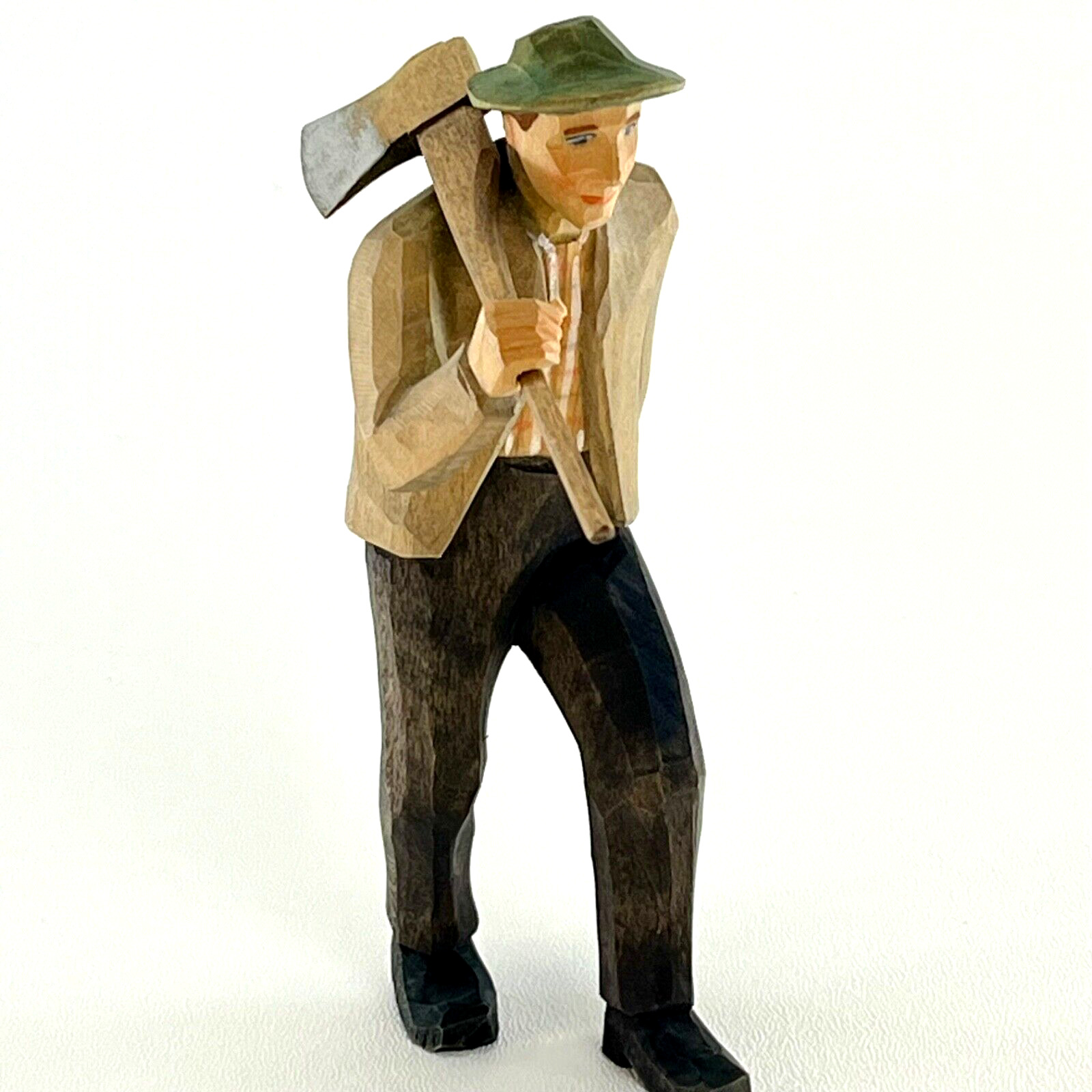 Vintage Hand Carved Alpine Woodsman with Axe Figurine Switzerland 1950s Folk Art